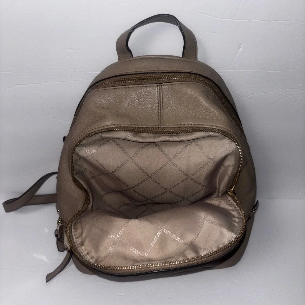 Michael Kors Rhea Zip Small Pebble Leather Backpack Truffle Tan Gold Tone Luxury